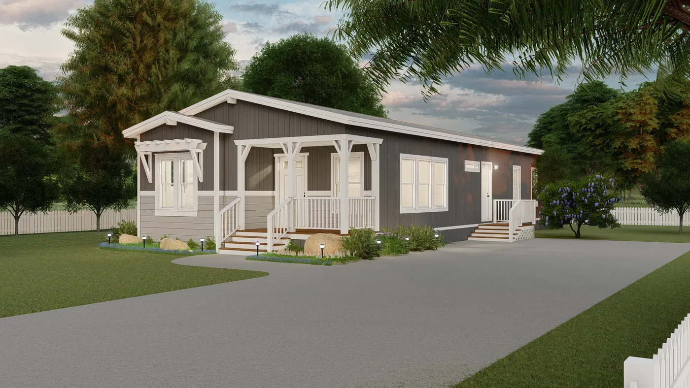 The CORONADO 2458F Trellis Exterior. This Manufactured Mobile Home features 3 bedrooms and 3 baths.