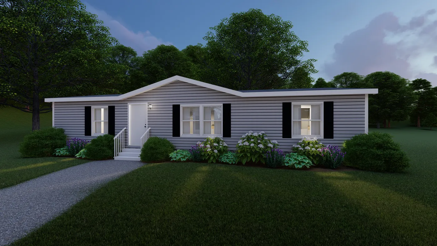 The SATISFACTION Exterior. This Manufactured Mobile Home features 3 bedrooms and 2 baths.