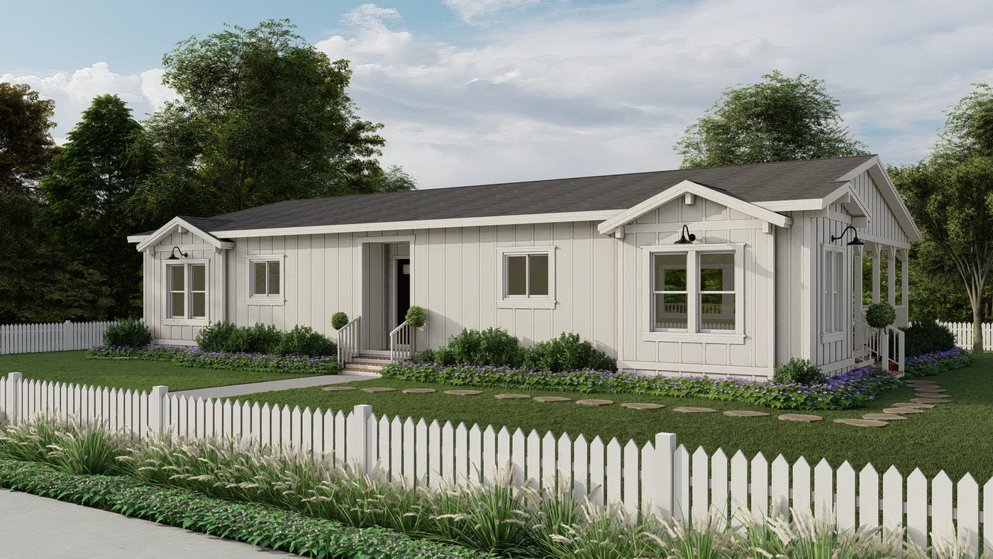 The CORONADO 3760A Farmhouse Exterior. This Manufactured Mobile Home features 3 bedrooms and 2.5 baths.