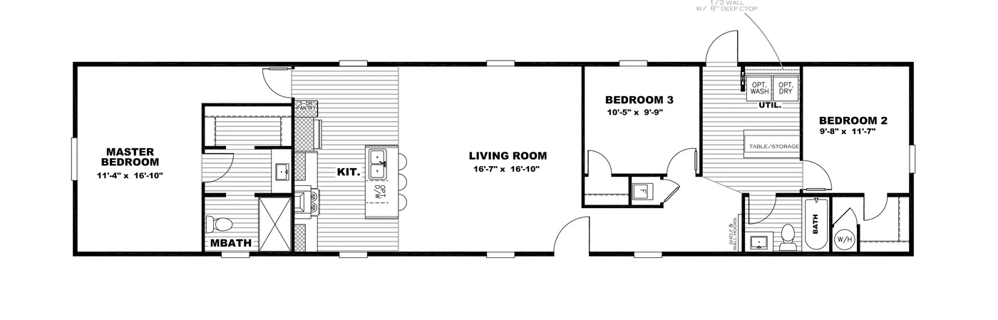 The GULF BREEZE Floor Plan. This Manufactured Mobile Home features 3 bedrooms and 2 baths.