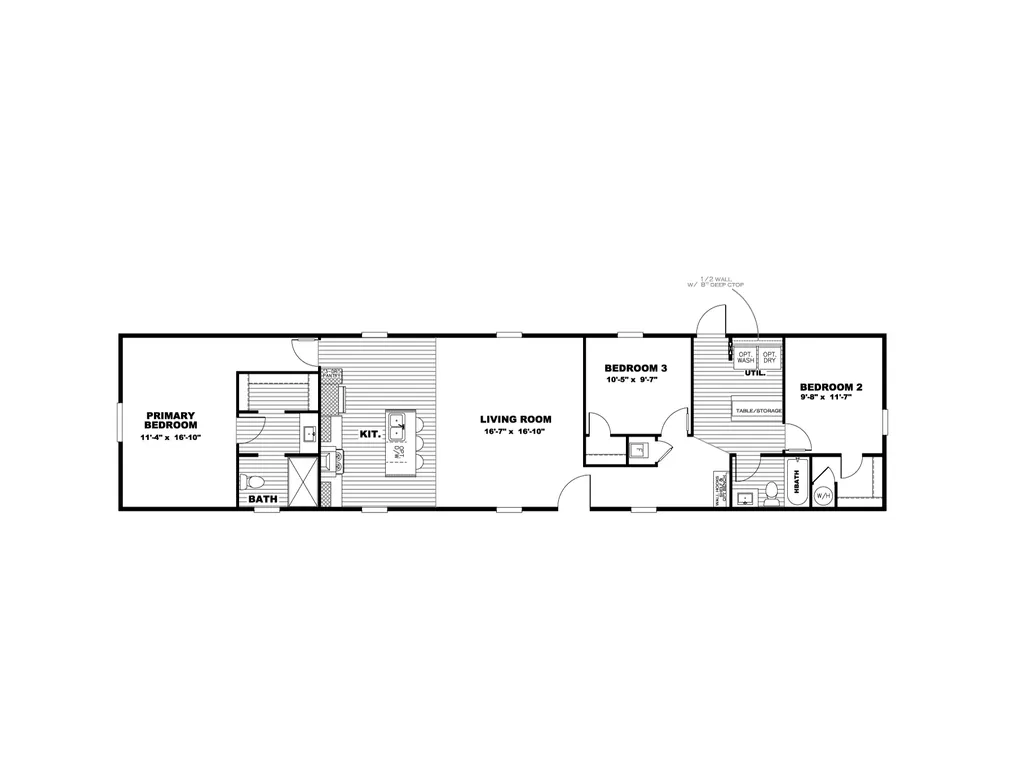 The GULF BREEZE Floor Plan. This Manufactured Mobile Home features 3 bedrooms and 2 baths.