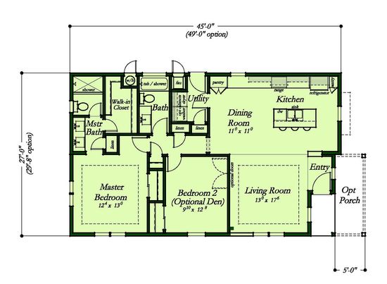 The ECO 2745-A Optional Front Entry Floor Plan. This Manufactured Mobile Home features 2 bedrooms and 2 baths.