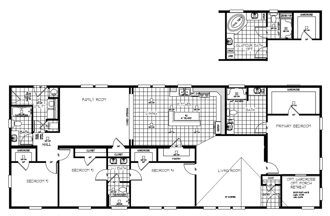 The K3076A Floor Plan. This Manufactured Mobile Home features 4 bedrooms and 2 baths.