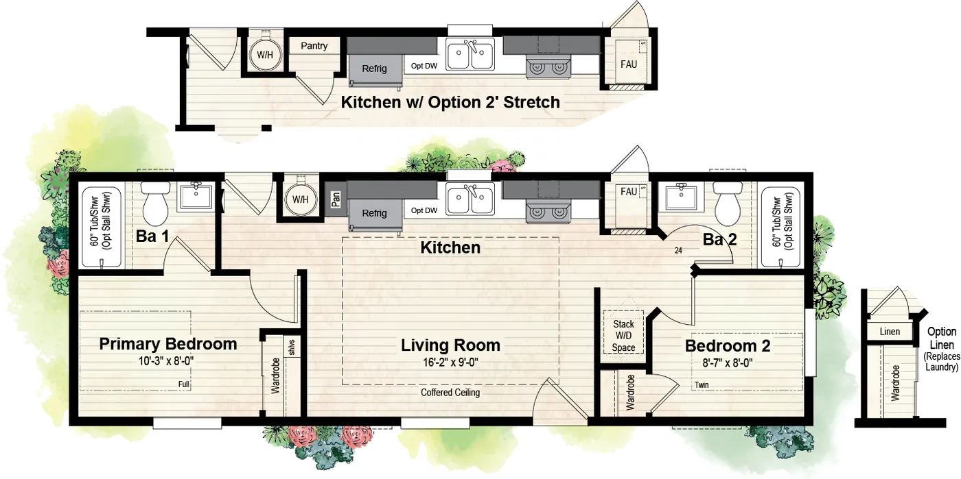 The GPII 1442-2B HERMOSA Floor Plan. This Manufactured Mobile Home features 2 bedrooms and 2 baths.