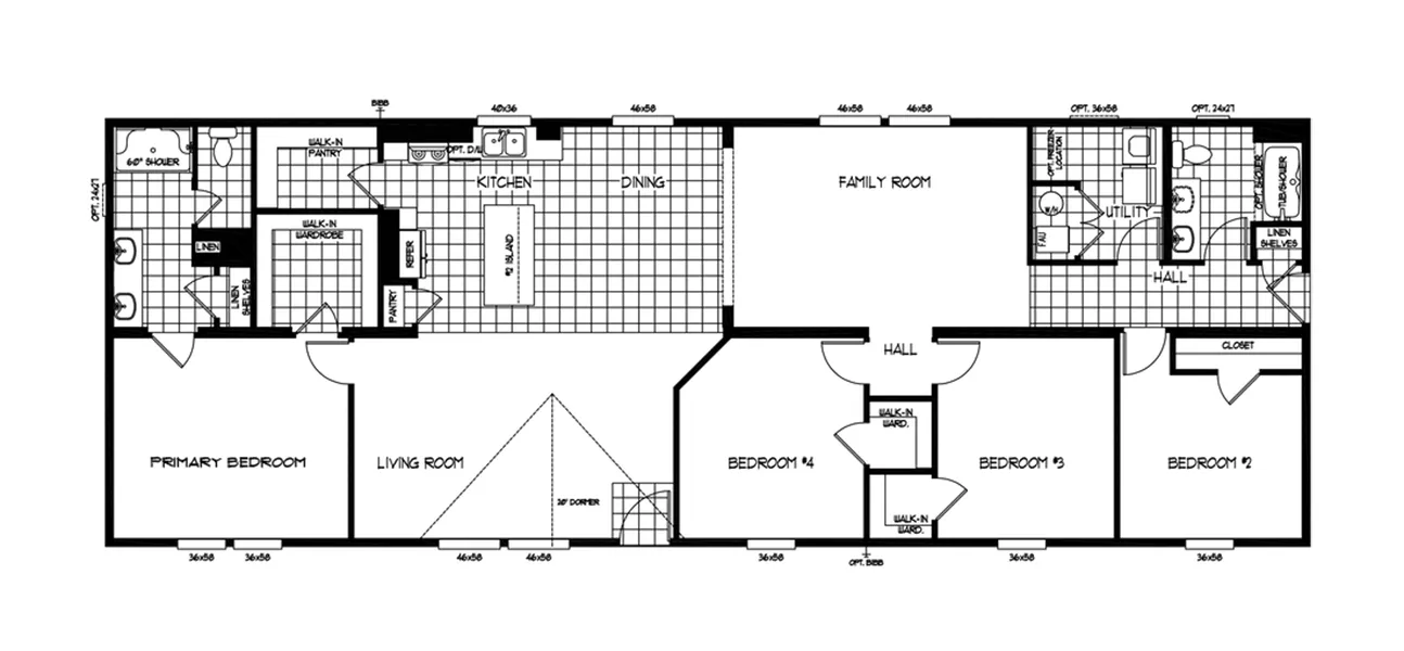 The THE WAVE Floor Plan. This Manufactured Mobile Home features 4 bedrooms and 2 baths.