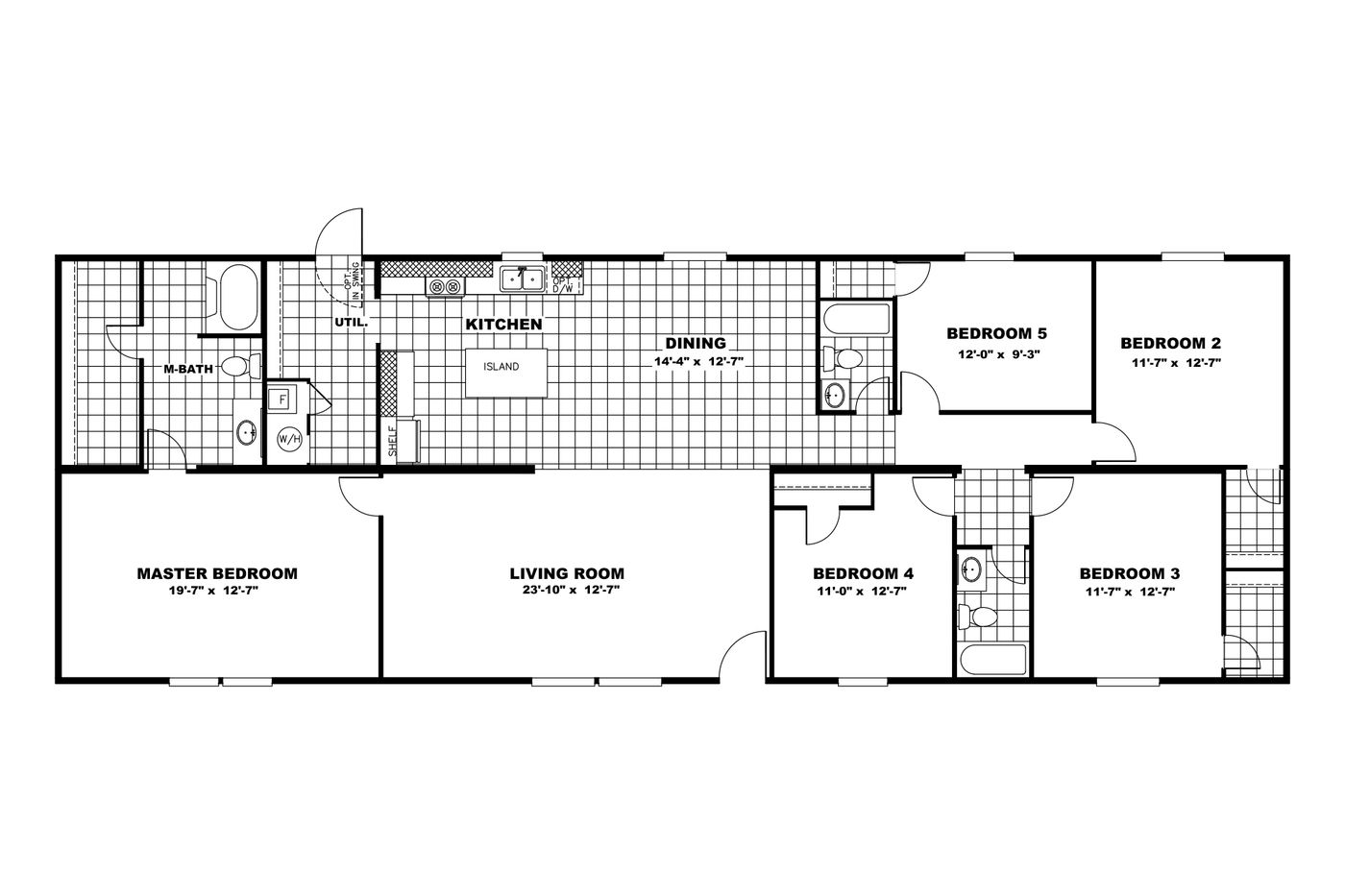 The TRIUMPH Floor Plan. This Manufactured Mobile Home features 5 bedrooms and 3 baths.