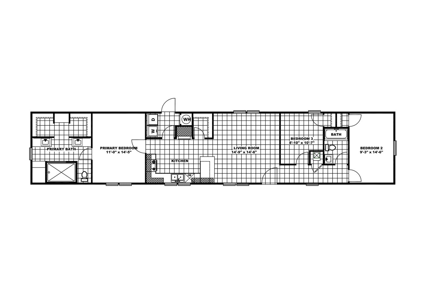 The THE 1959 Floor Plan. This Manufactured Mobile Home features 3 bedrooms and 2 baths.