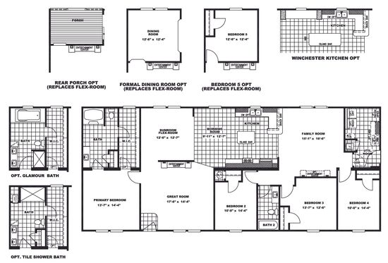 The WINCHESTER FLEX 32 WIDE Floor Plan. This Manufactured Mobile Home features 4 bedrooms and 2 baths.