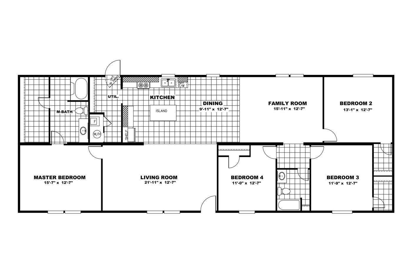 The WONDER Floor Plan. This Manufactured Mobile Home features 4 bedrooms and 2 baths.