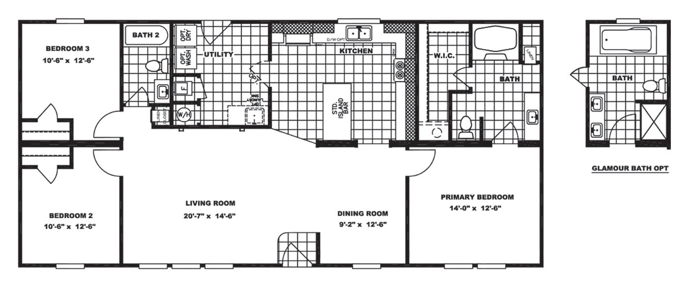 The MAVERICK 56A Floor Plan. This Manufactured Mobile Home features 3 bedrooms and 2 baths.