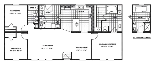 The MAVERICK 56A Floor Plan. This Manufactured Mobile Home features 3 bedrooms and 2 baths.