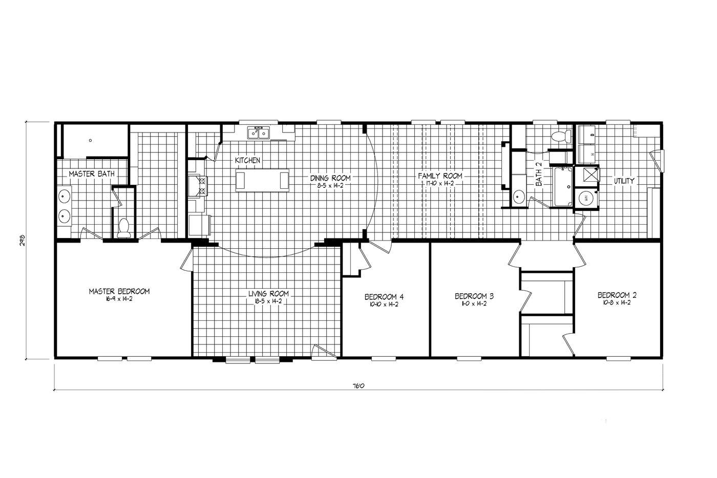The 1444 CAROLINA Floor Plan. This Manufactured Mobile Home features 4 bedrooms and 2 baths.