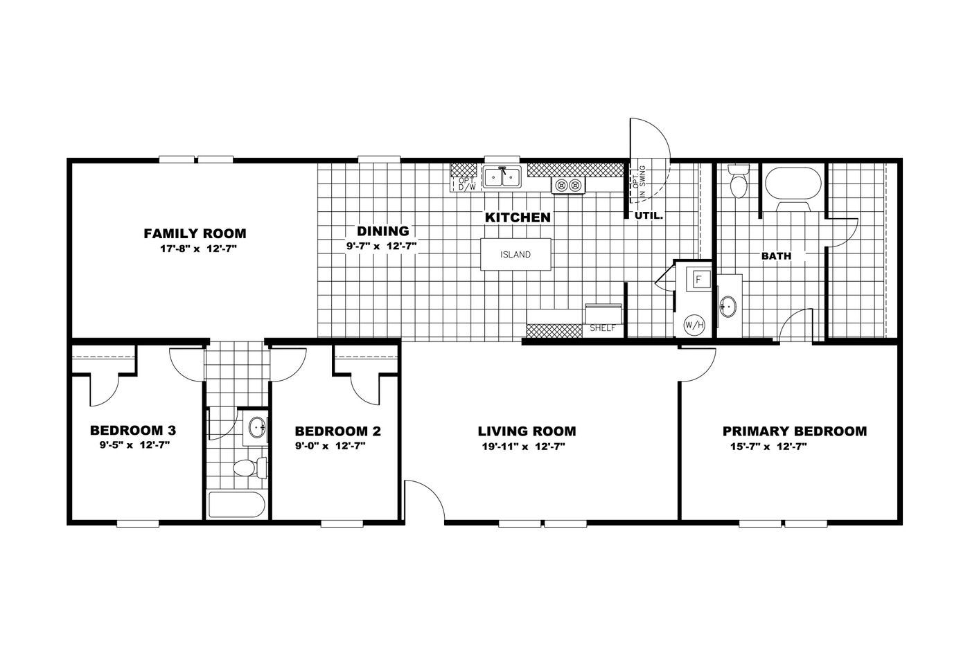 The JUBILATION Floor Plan. This Manufactured Mobile Home features 3 bedrooms and 2 baths.
