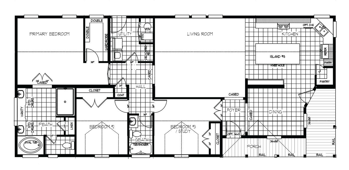 The SUM3068A Floor Plan. This Manufactured Mobile Home features 3 bedrooms and 2 baths.