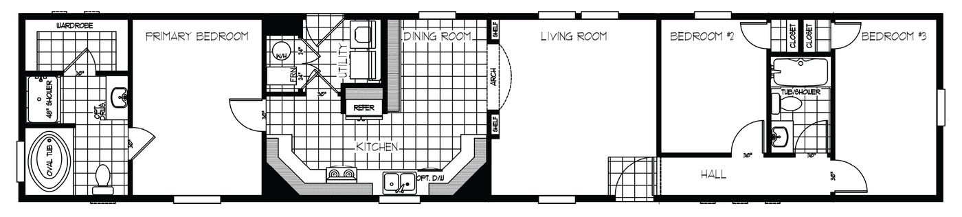 The K1676H Floor Plan. This Manufactured Mobile Home features 3 bedrooms and 2 baths.