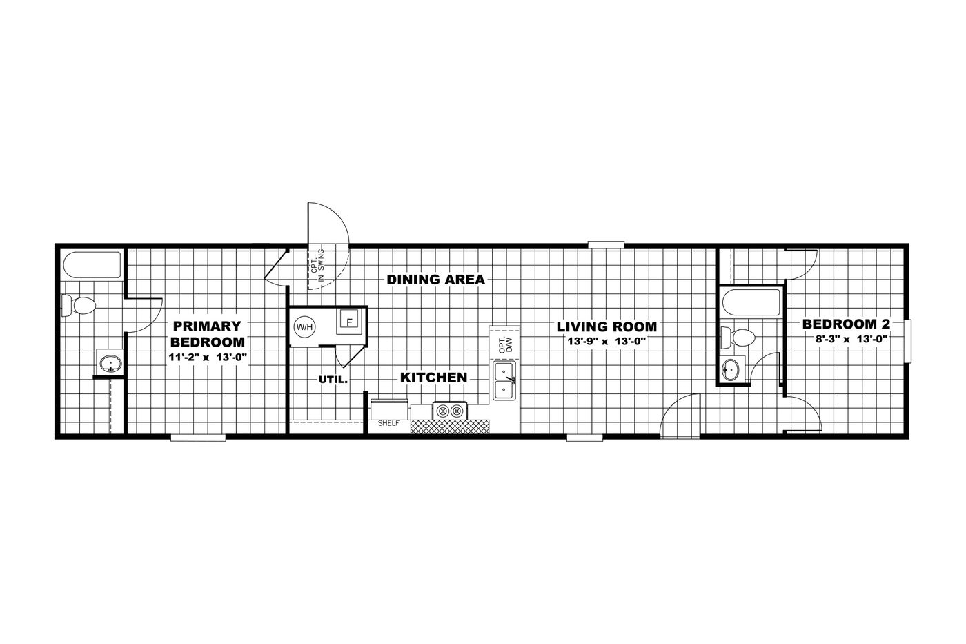 The DELIGHT Floor Plan. This Manufactured Mobile Home features 2 bedrooms and 2 baths.