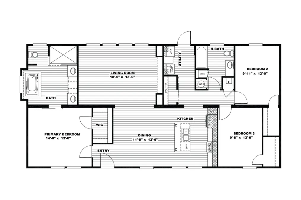 The THE FRANKLIN Floor Plan. This Manufactured Mobile Home features 3 bedrooms and 2 baths.