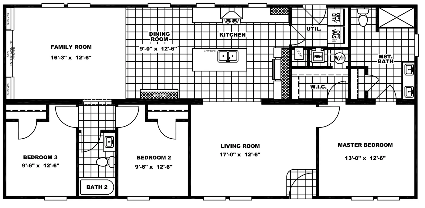 The CLASSIC 56D Floor Plan. This Manufactured Mobile Home features 3 bedrooms and 2 baths.