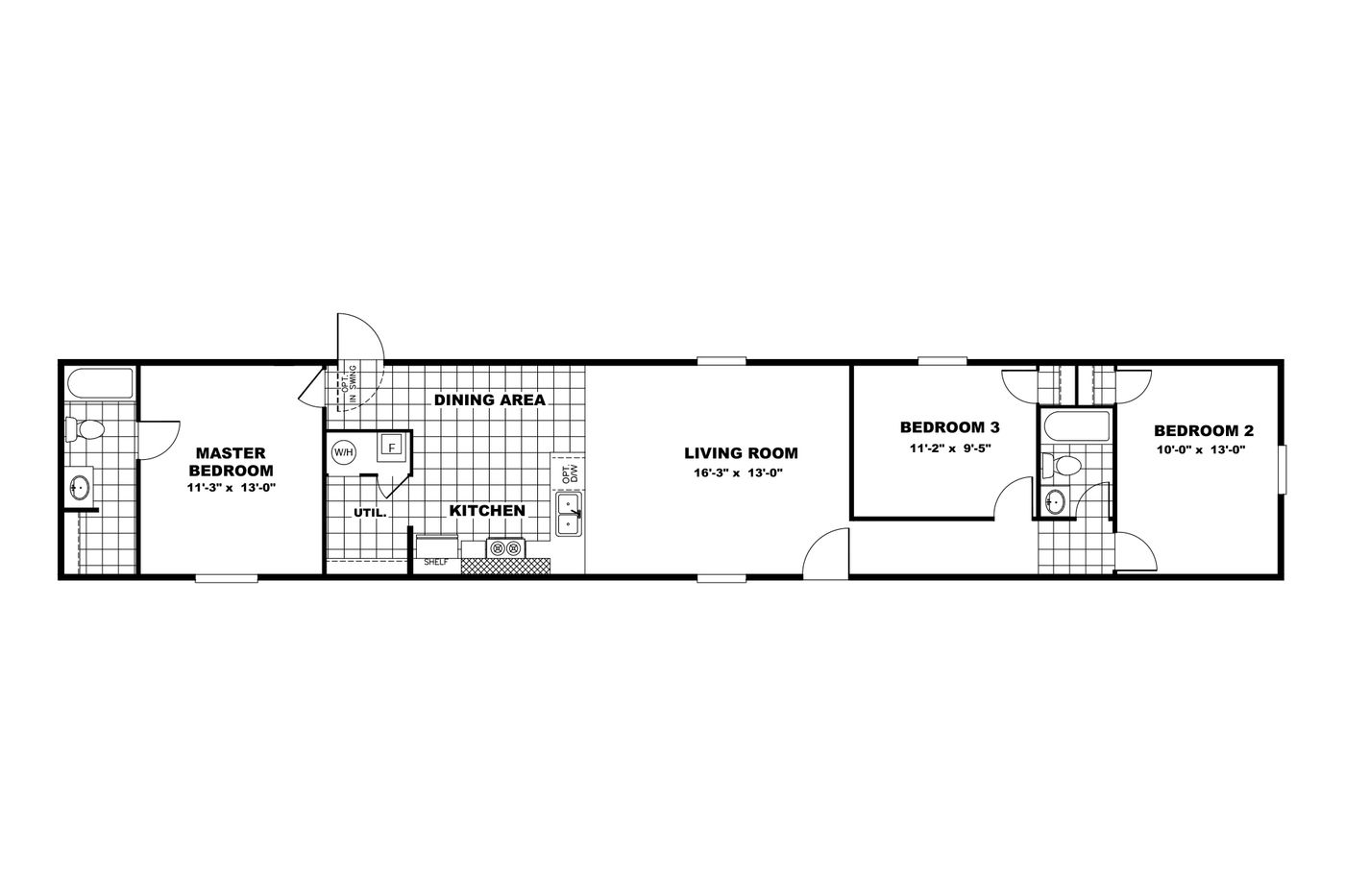 The GLORY Floor Plan. This Manufactured Mobile Home features 3 bedrooms and 2 baths.