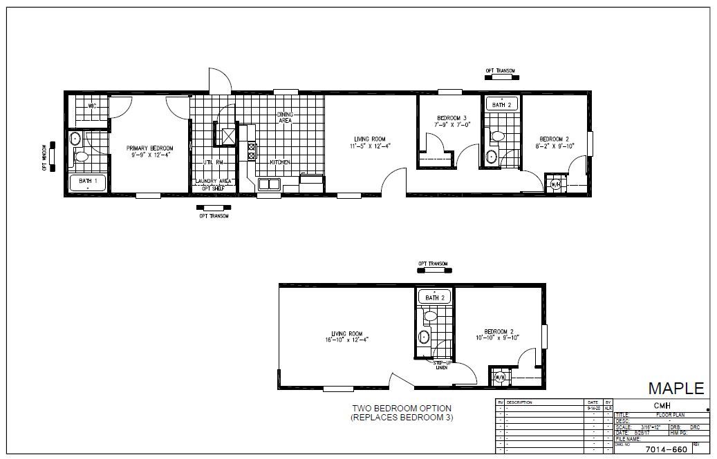 The MAPLE 7014-660 Floor Plan. This Manufactured Mobile Home features 3 bedrooms and 2 baths.