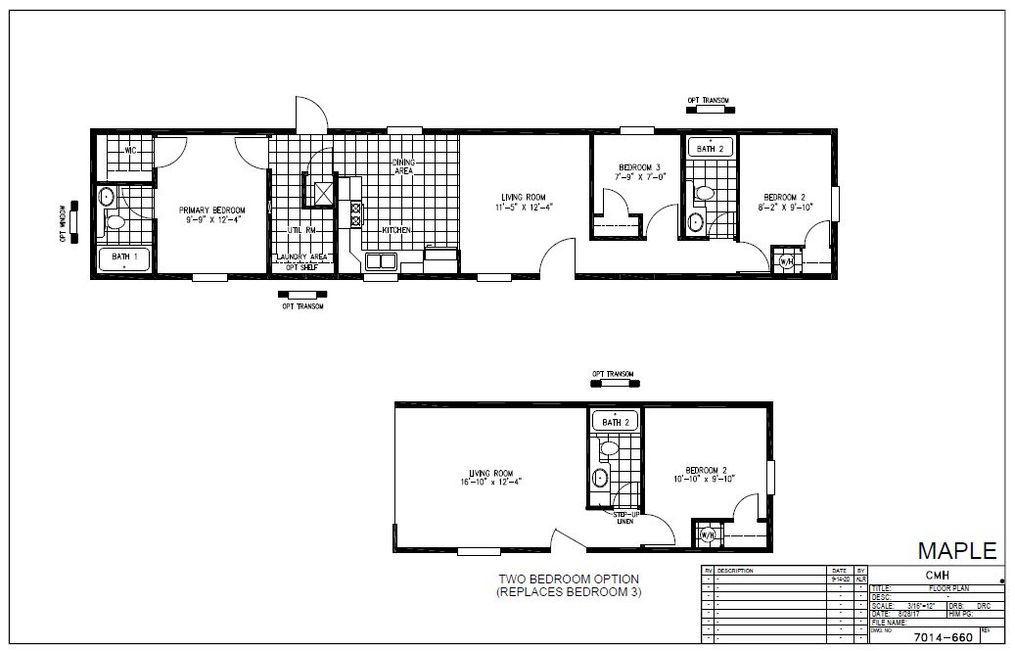 The MAPLE 7014-660 Floor Plan. This Manufactured Mobile Home features 3 bedrooms and 2 baths.