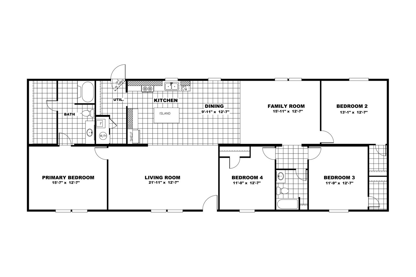 The WONDER Floor Plan. This Manufactured Mobile Home features 4 bedrooms and 2 baths.