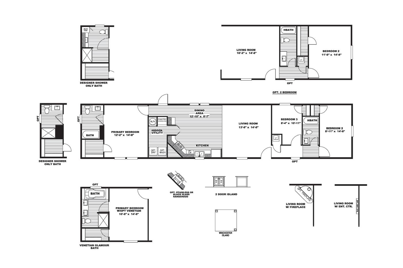 The BLAZER 76 P Floor Plan. This Manufactured Mobile Home features 3 bedrooms and 2 baths.