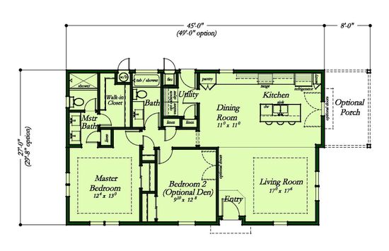 The ECO 2745-A Standard Floor Plan. This Manufactured Mobile Home features 2 bedrooms and 2 baths.