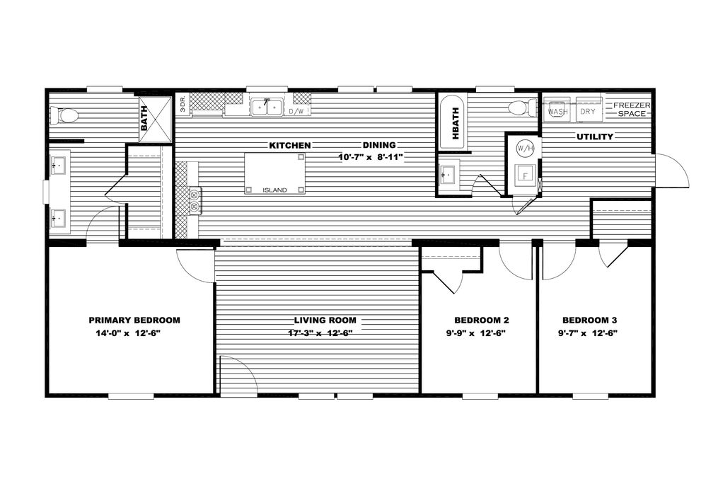 The FLETCHER Floor Plan. This Manufactured Mobile Home features 3 bedrooms and 2 baths.