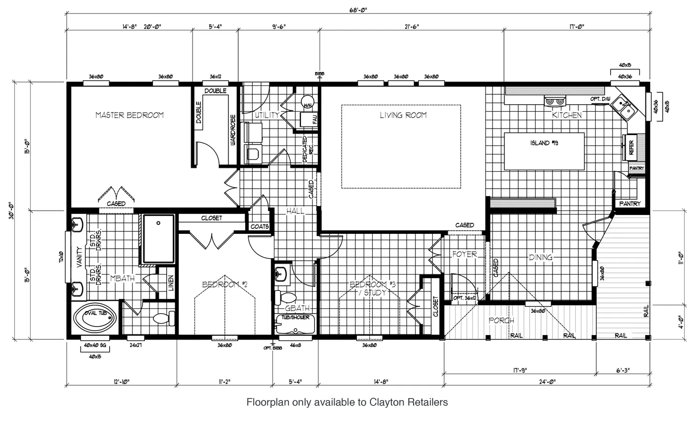 The SUM3068A Floor Plan. This Manufactured Mobile Home features 3 bedrooms and 2 baths.