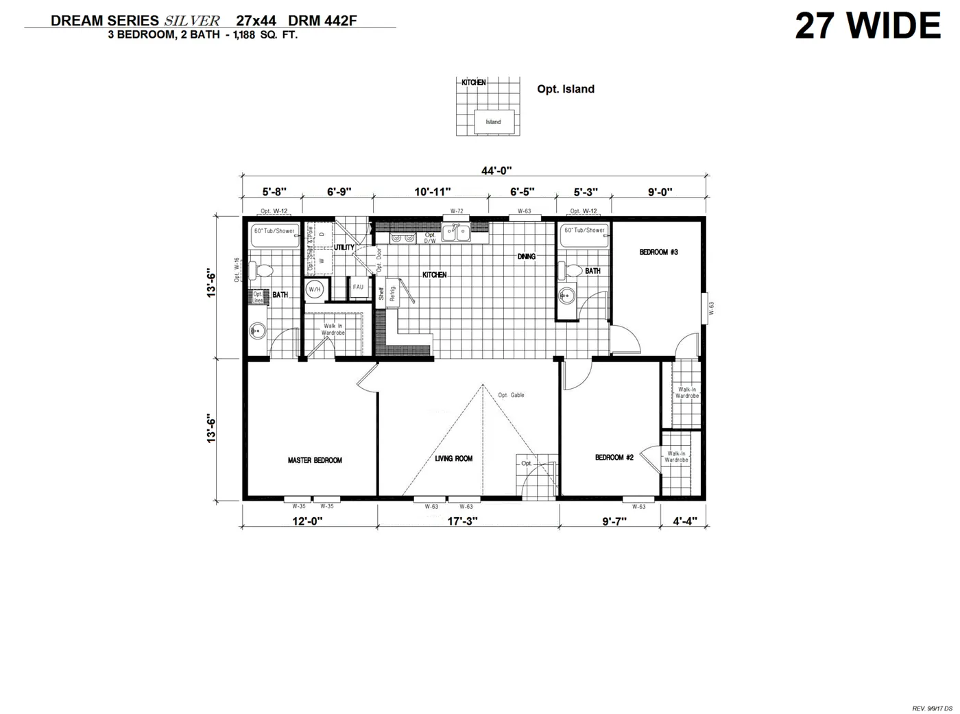 The DRM442F 44' DREAM Floor Plan. This Manufactured Mobile Home features 3 bedrooms and 2 baths.