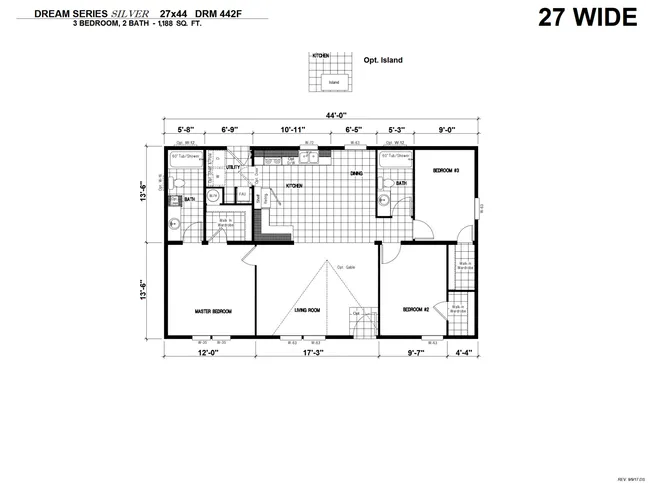 The DRM442F 44' DREAM Floor Plan. This Manufactured Mobile Home features 3 bedrooms and 2 baths.