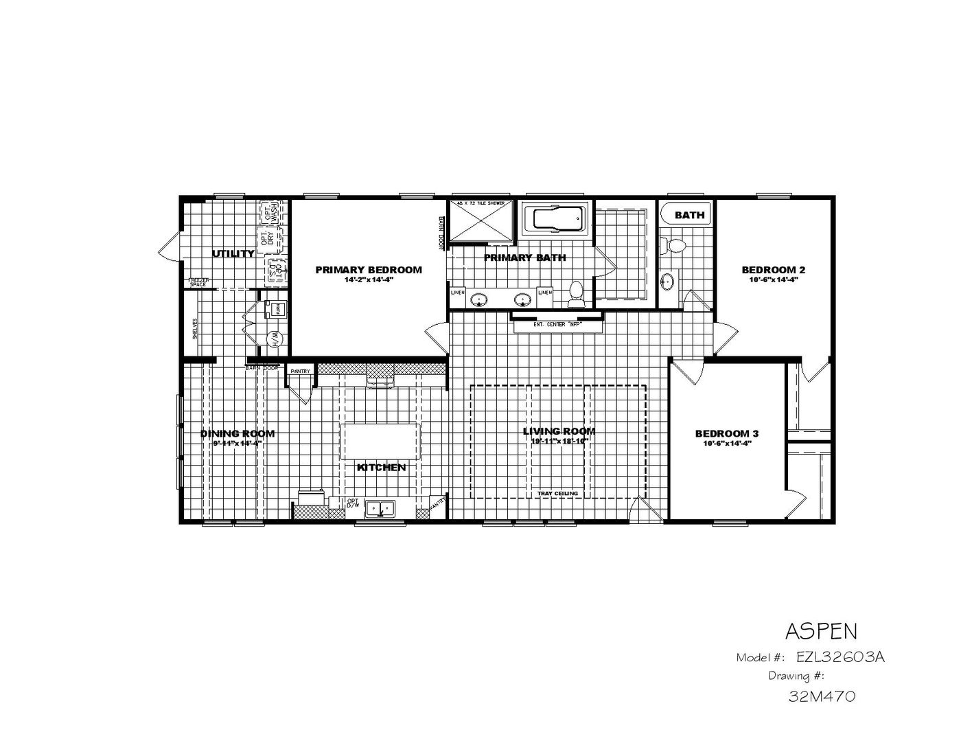 The THE ASPEN Floor Plan. This Manufactured Mobile Home features 3 bedrooms and 2 baths.