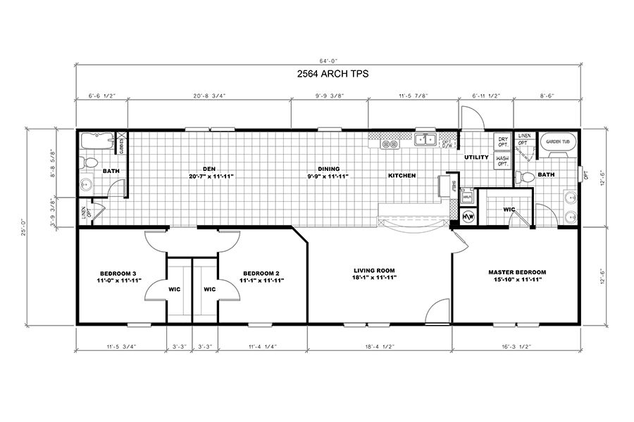 The 2564 64X25 CK3+2 TPS MOD       Floor Plan. This Modular Home features 4 bedrooms and 2 baths.