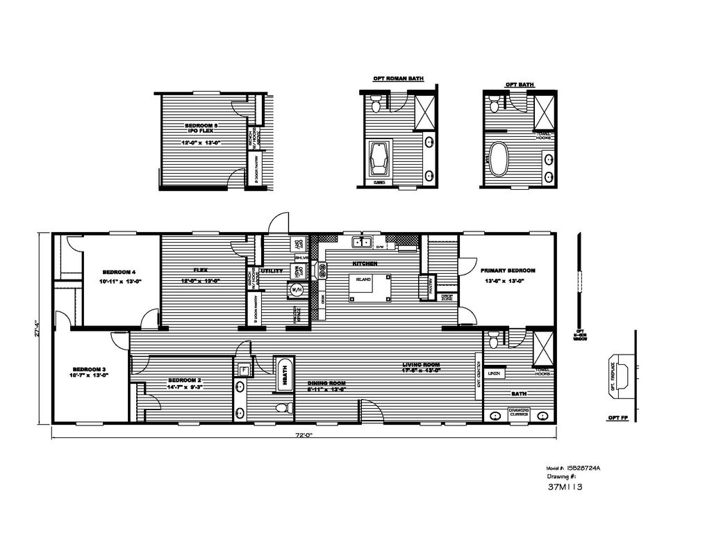 The BREEZE FARMHOUSE 72 Floor Plan. This Manufactured Mobile Home features 4 bedrooms and 2 baths.