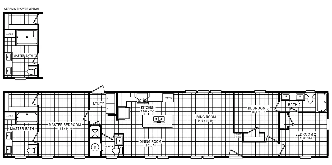 The 7010 HIGH ROCK 7616 Floor Plan. This Manufactured Mobile Home features 3 bedrooms and 2 baths.