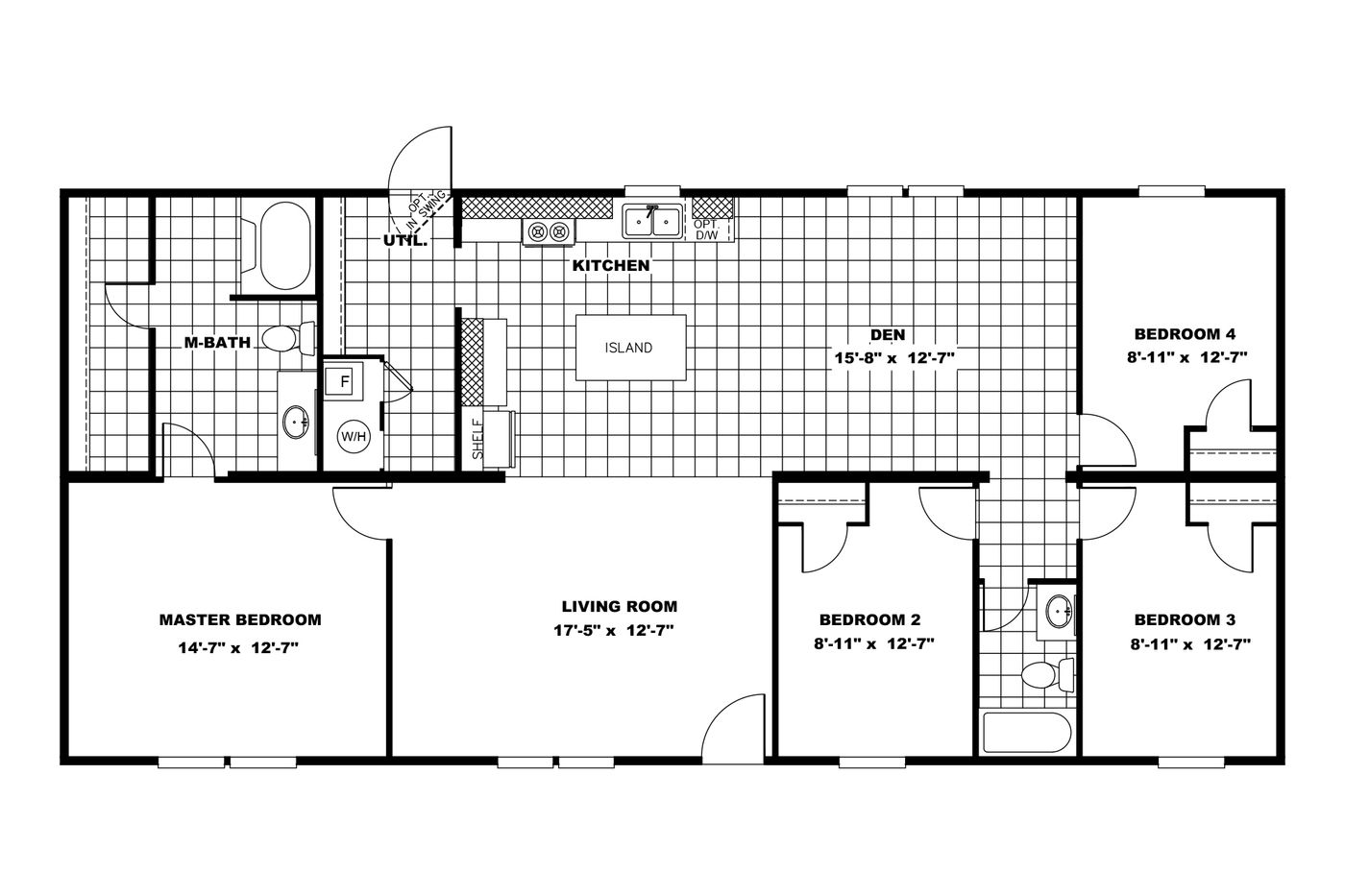 The MARVEL Floor Plan. This Manufactured Mobile Home features 4 bedrooms and 2 baths.