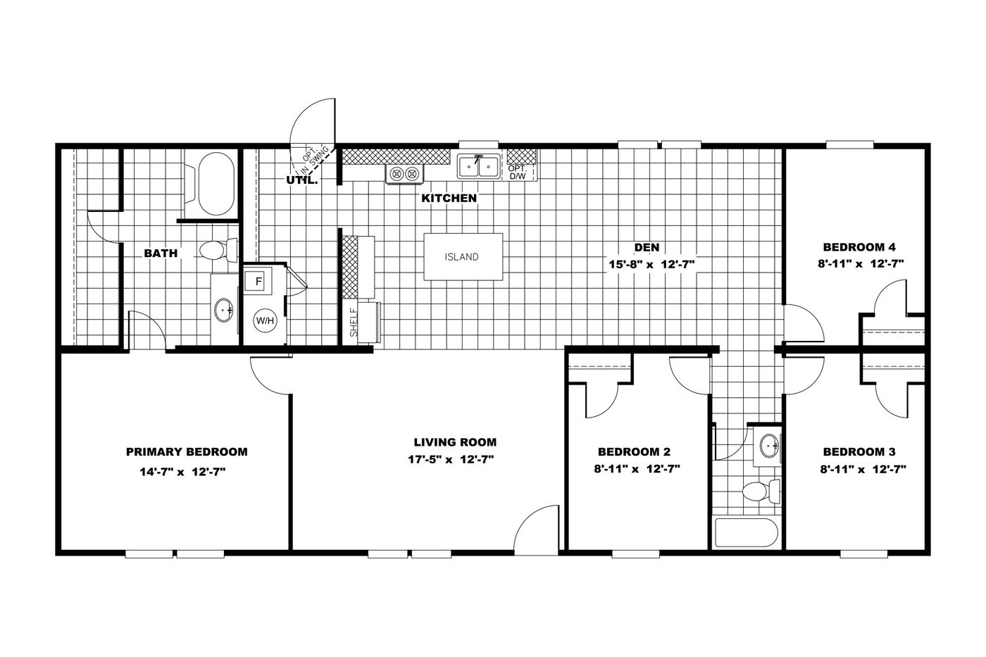 The MARVEL Floor Plan. This Manufactured Mobile Home features 4 bedrooms and 2 baths.