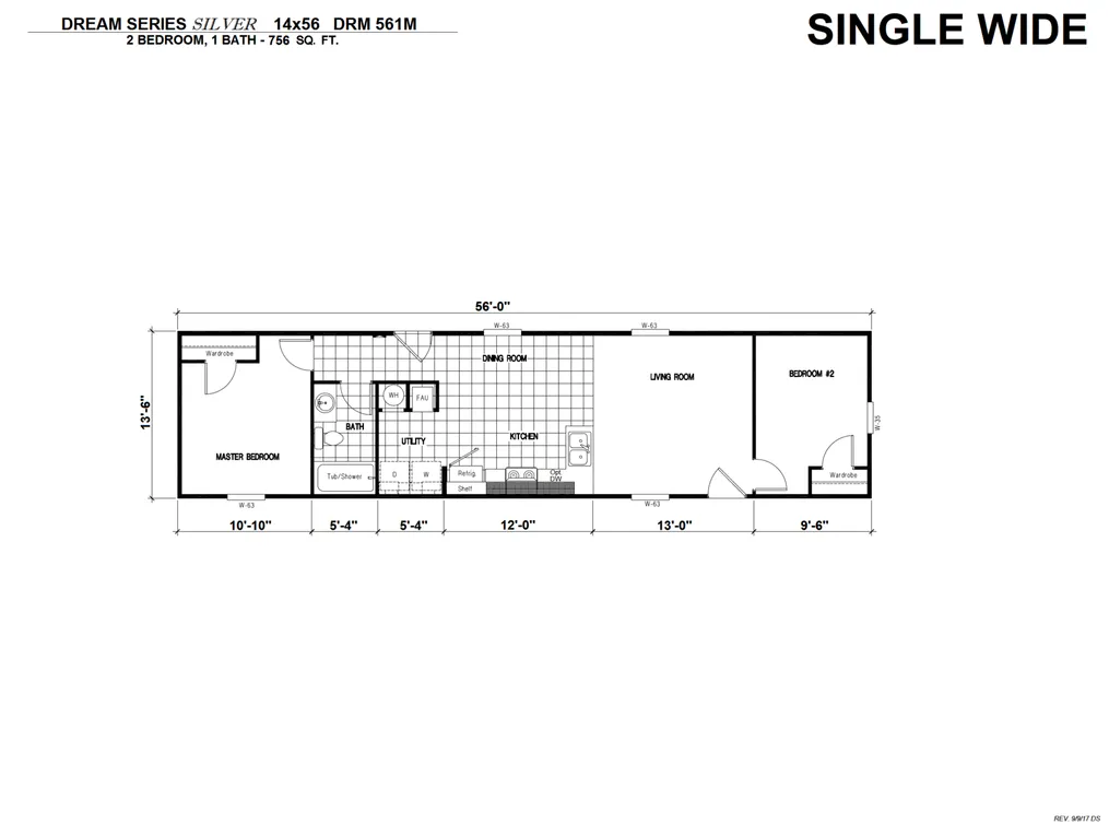 The DRM561M 56' DREAM Floor Plan. This Manufactured Mobile Home features 2 bedrooms and 1 bath.