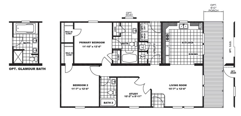 The SEDONA Floor Plan. This Manufactured Mobile Home features 2 bedrooms and 2 baths.