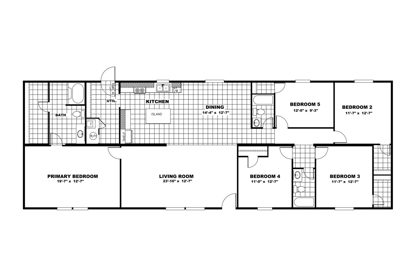 The TRIUMPH Floor Plan. This Manufactured Mobile Home features 5 bedrooms and 3 baths.