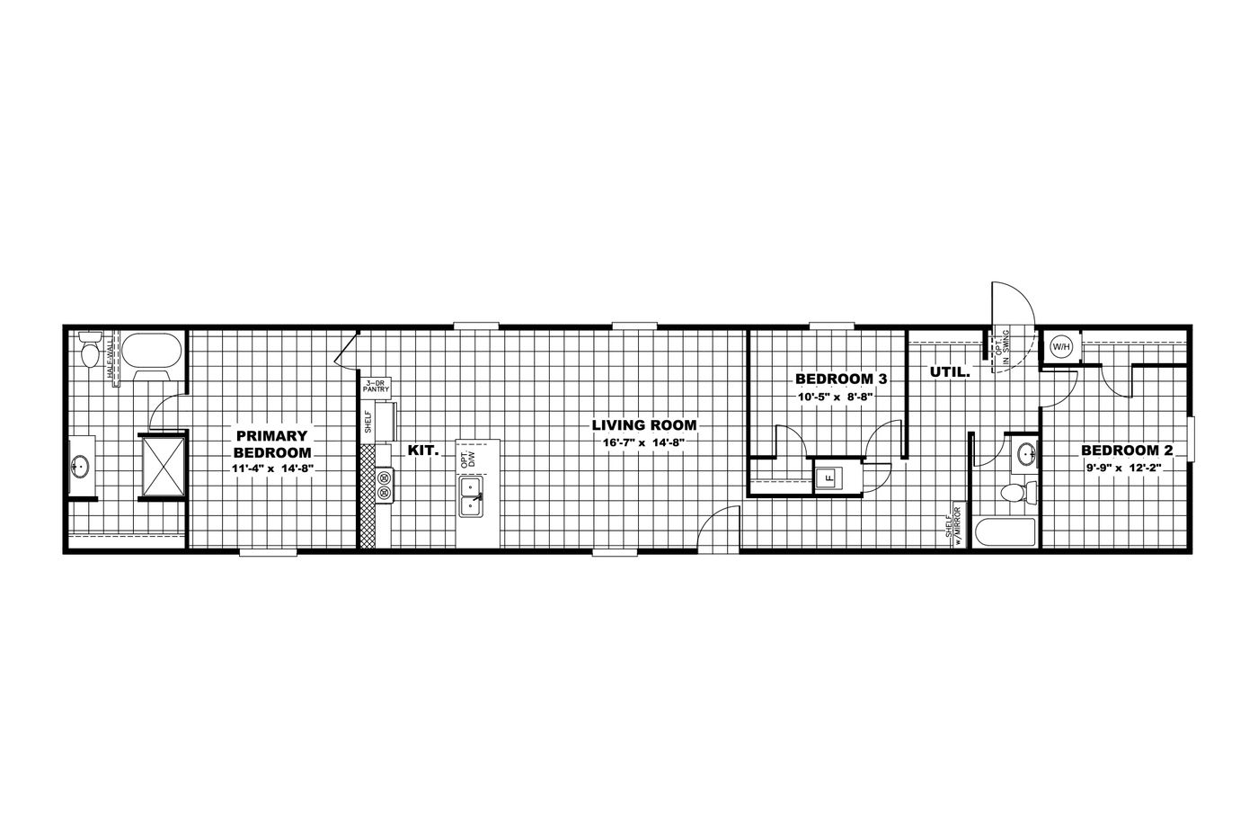 The VICTORY PLUS Floor Plan. This Manufactured Mobile Home features 3 bedrooms and 2 baths.