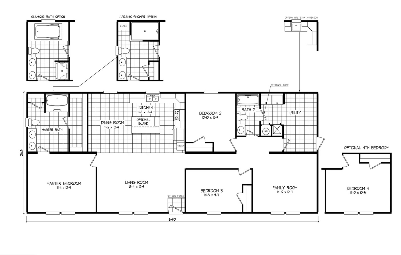 The 4620 "957 PARK AVENUE" 6428 Floor Plan. This Manufactured Mobile Home features 3 bedrooms and 2 baths.