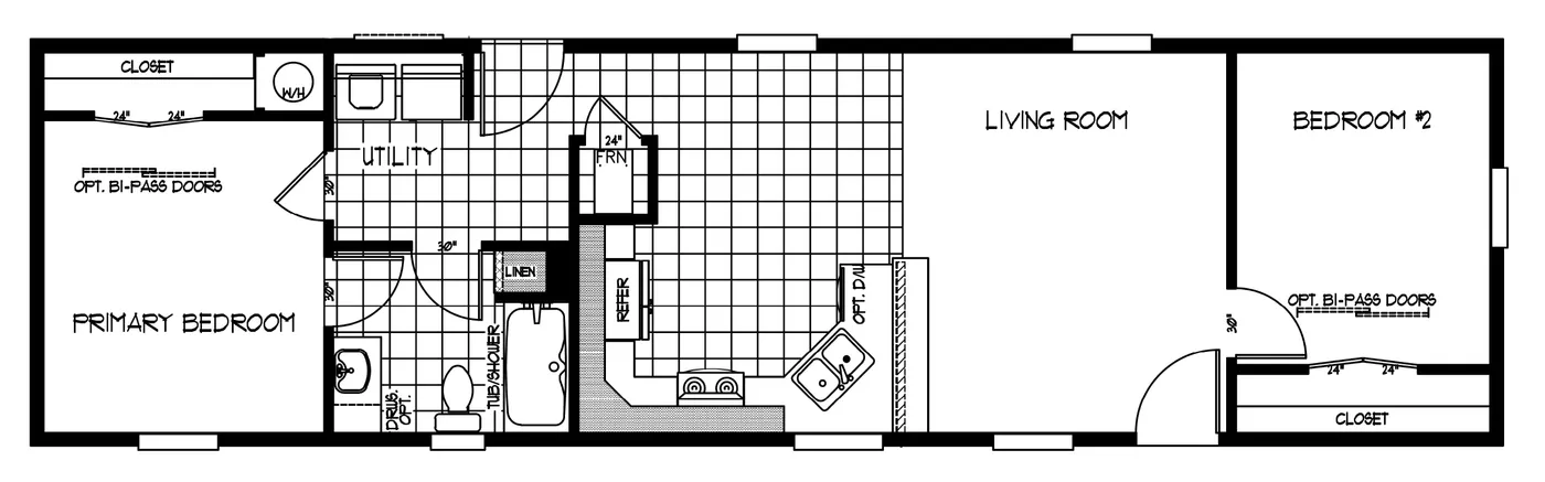 The K1656A Floor Plan. This Manufactured Mobile Home features 2 bedrooms and 1 bath.