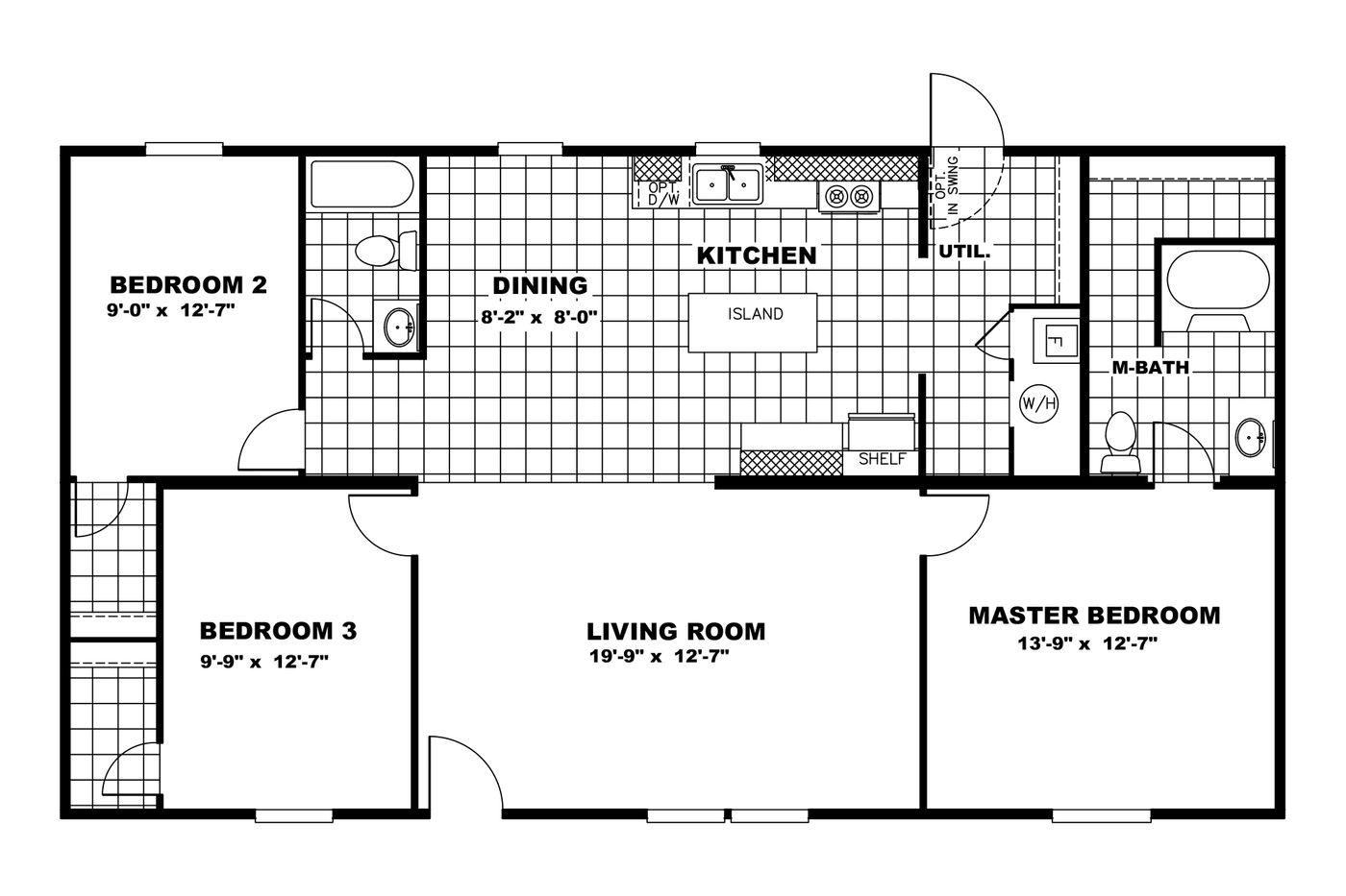 The SATISFACTION Floor Plan. This Manufactured Mobile Home features 3 bedrooms and 2 baths.
