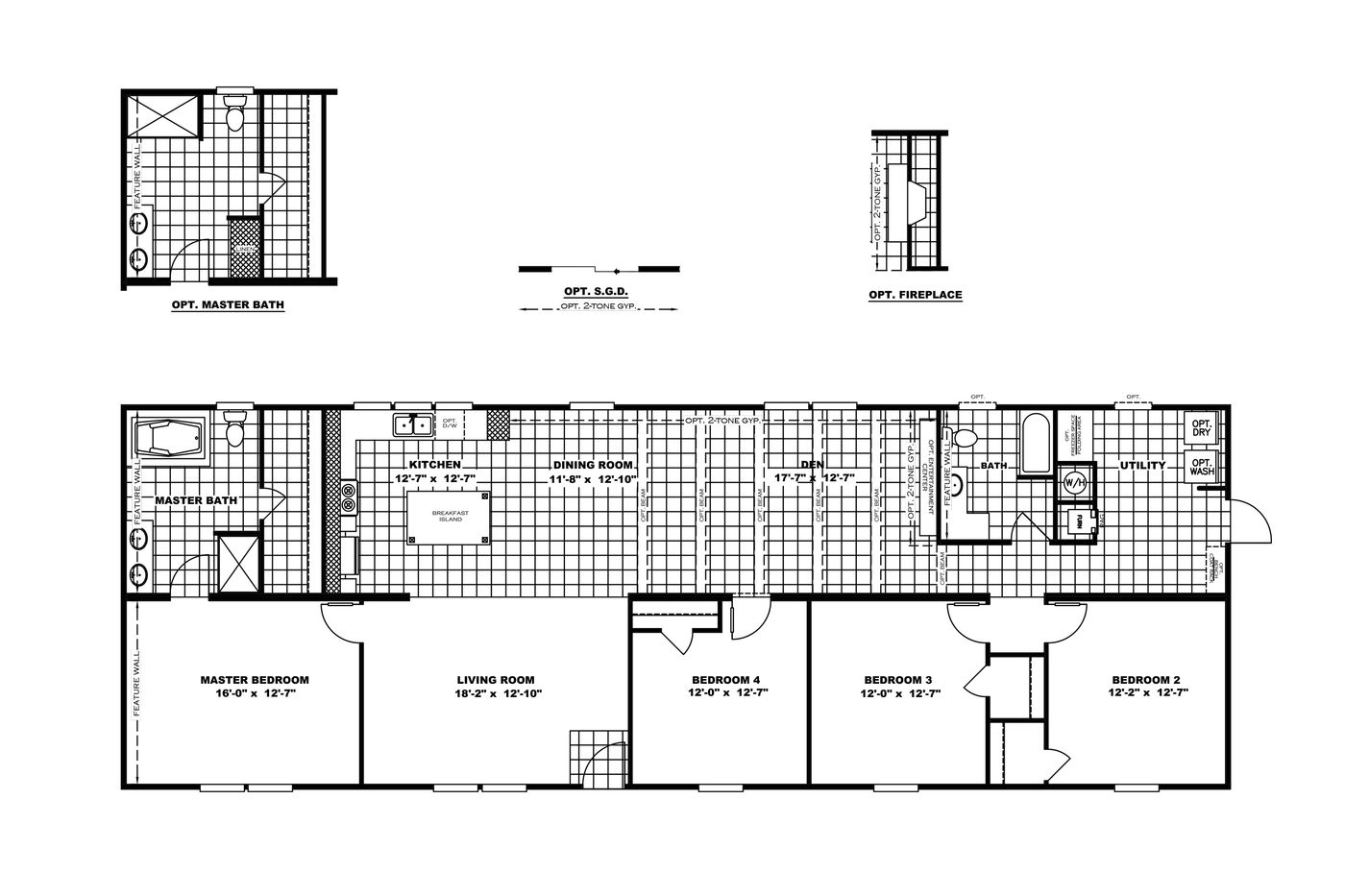 The TRADITION 76C Floor Plan. This Manufactured Mobile Home features 4 bedrooms and 2 baths.