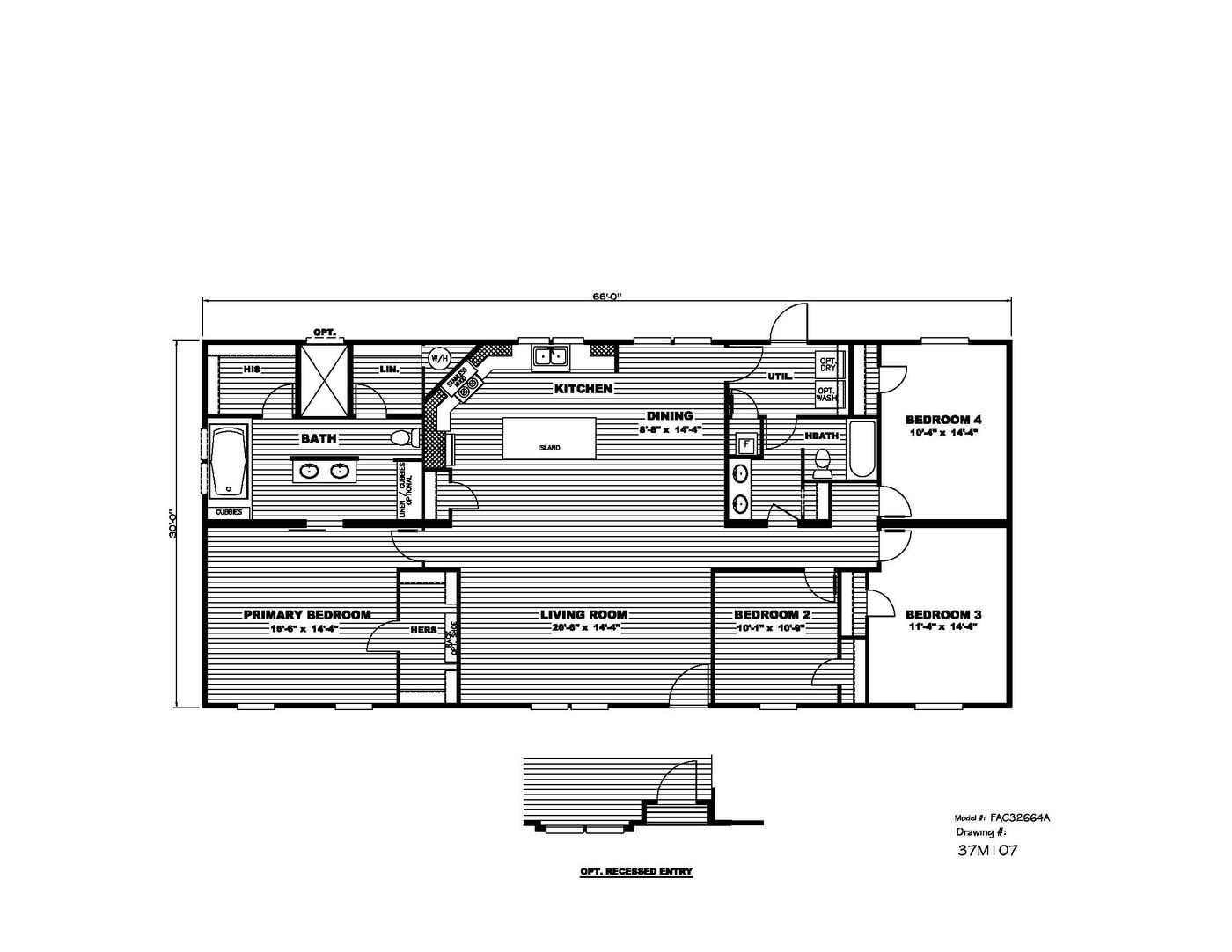 The THE CASCADE Floor Plan. This Manufactured Mobile Home features 4 bedrooms and 2 baths.