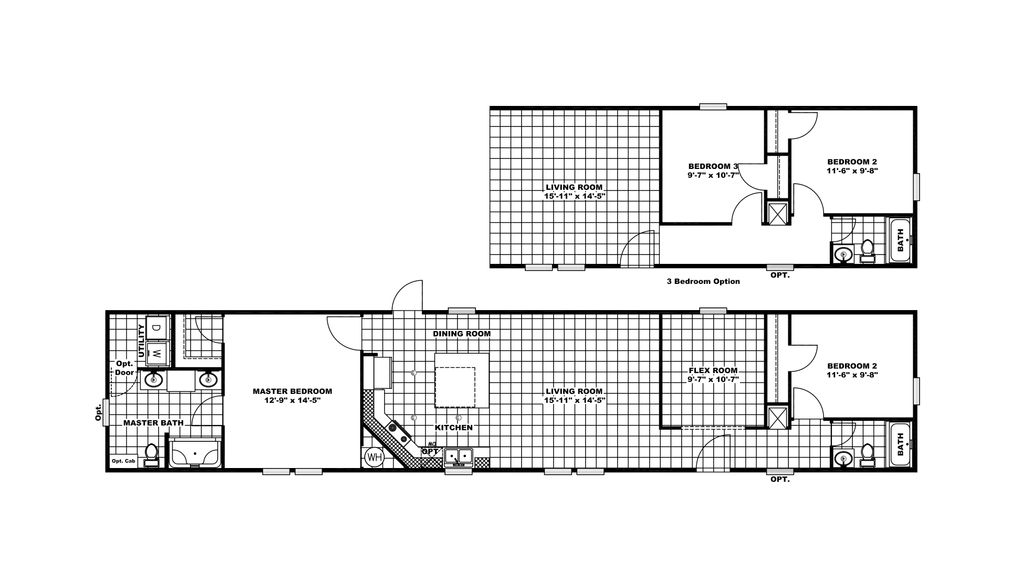 The FRONTIER Floor Plan. This Manufactured Mobile Home features 2 bedrooms and 2 baths.