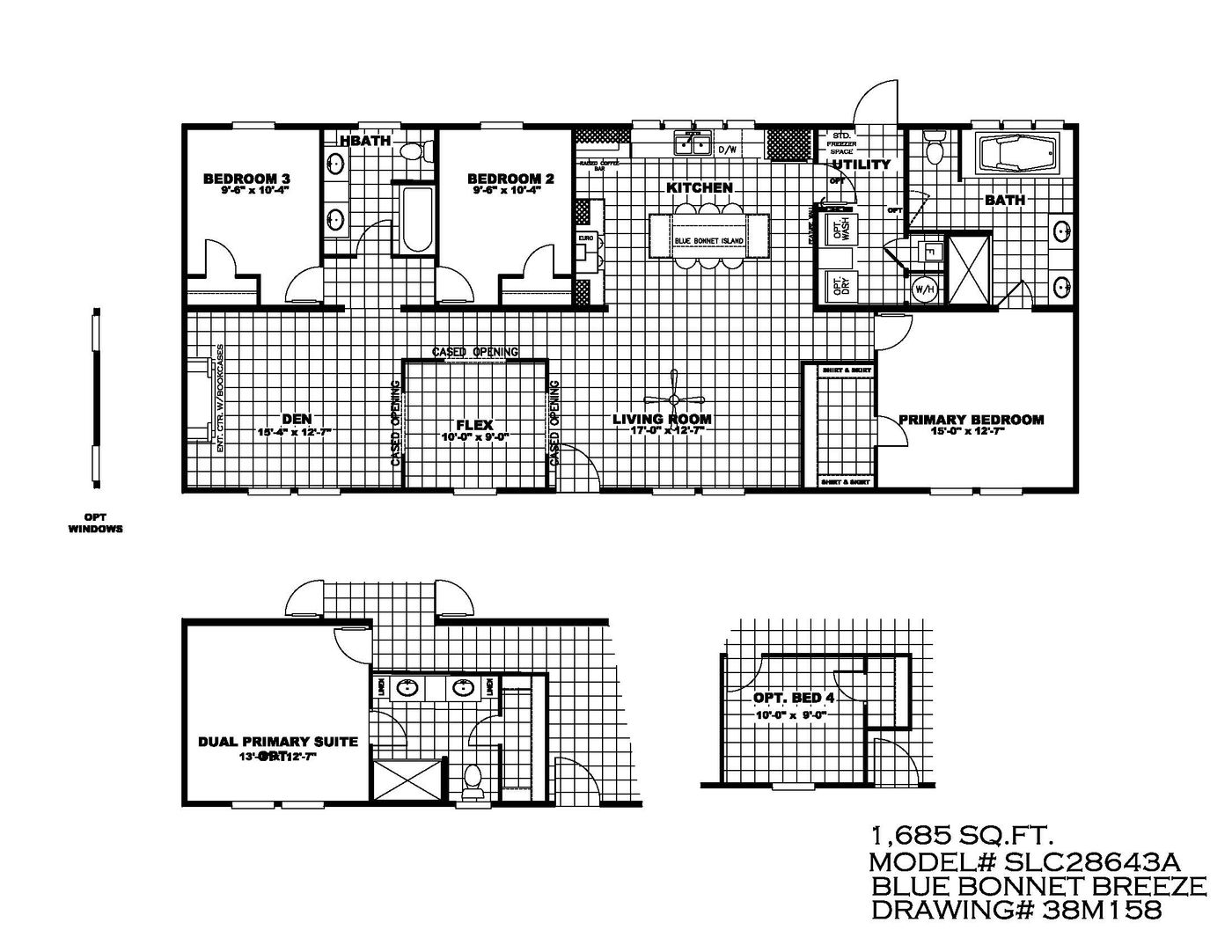 The BLUEBONNET BREEZE Floor Plan. This Manufactured Mobile Home features 3 bedrooms and 2 baths.