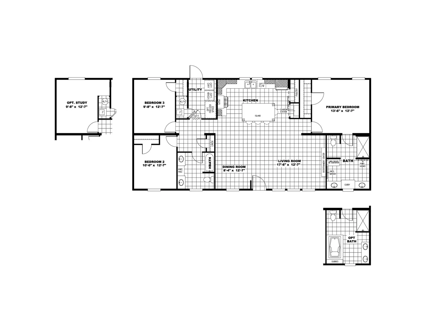 The ISLAND BREEZE 56' Floor Plan. This Manufactured Mobile Home features 3 bedrooms and 2 baths.